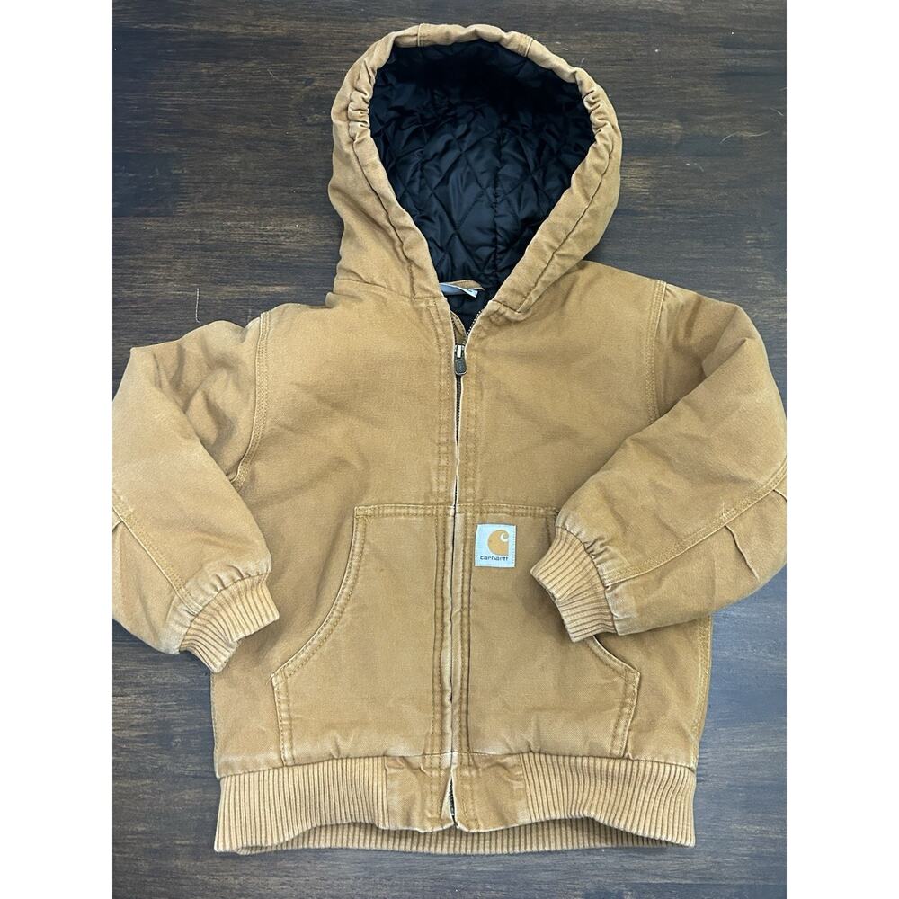 Carhartt Jacket Youth XS (6) Tan Canvas Hood Zip Up Quilted Interior